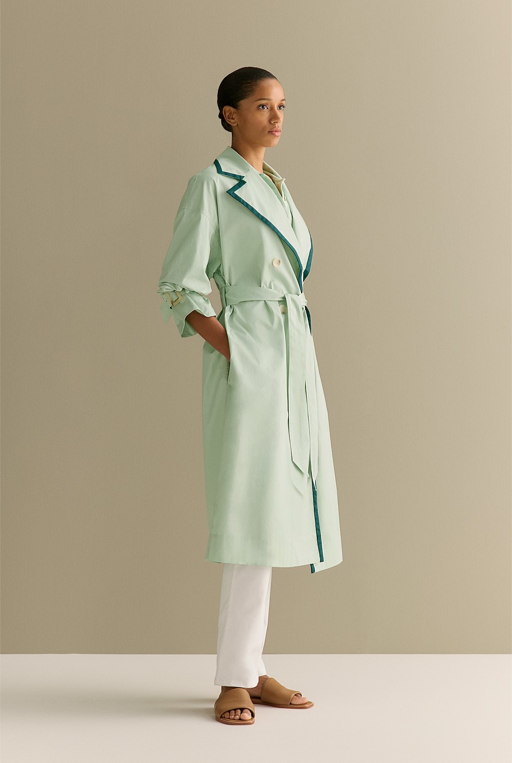 Cotton Sateen Contrast Trim Trench Coat