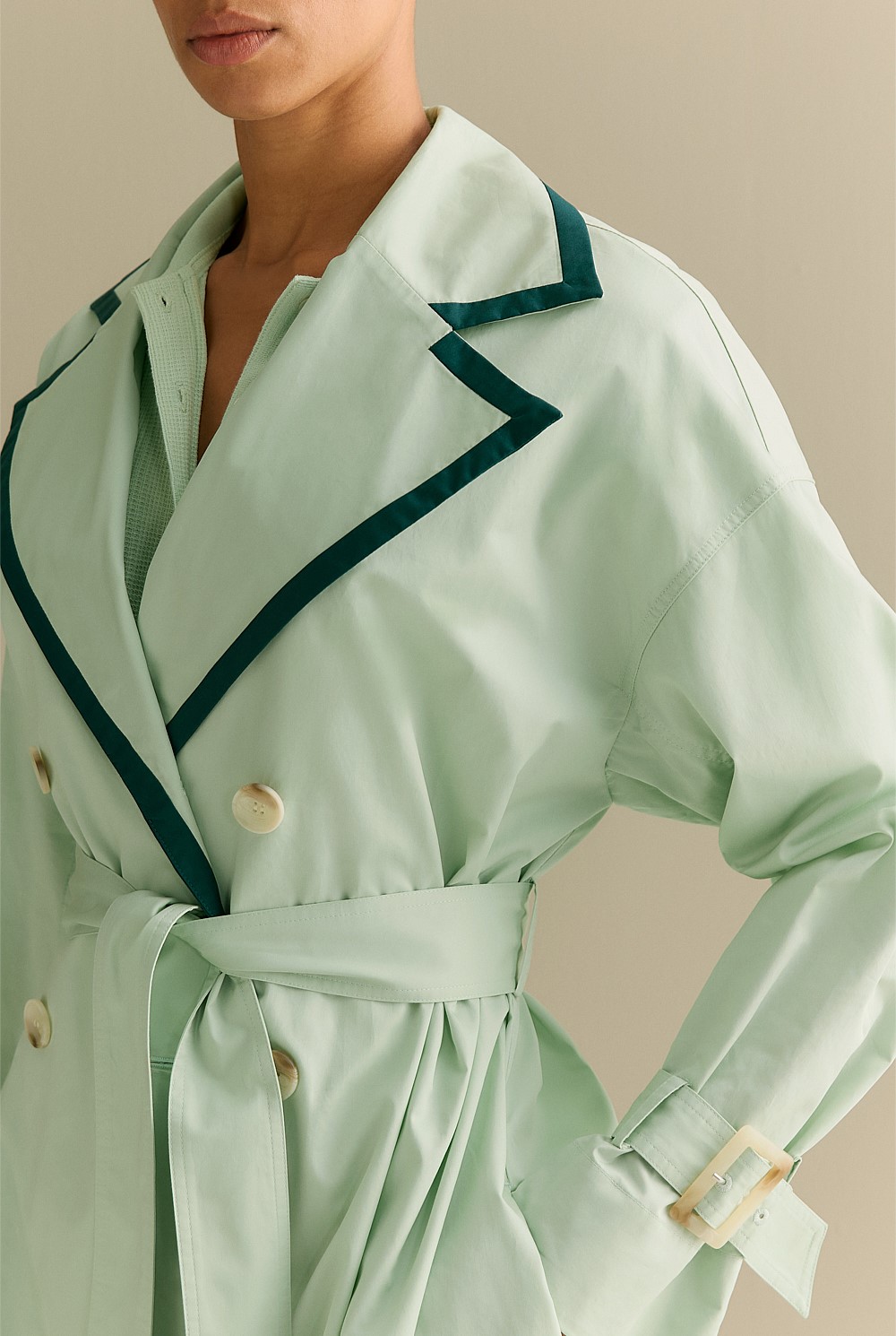 Cotton Sateen Contrast Trim Trench Coat