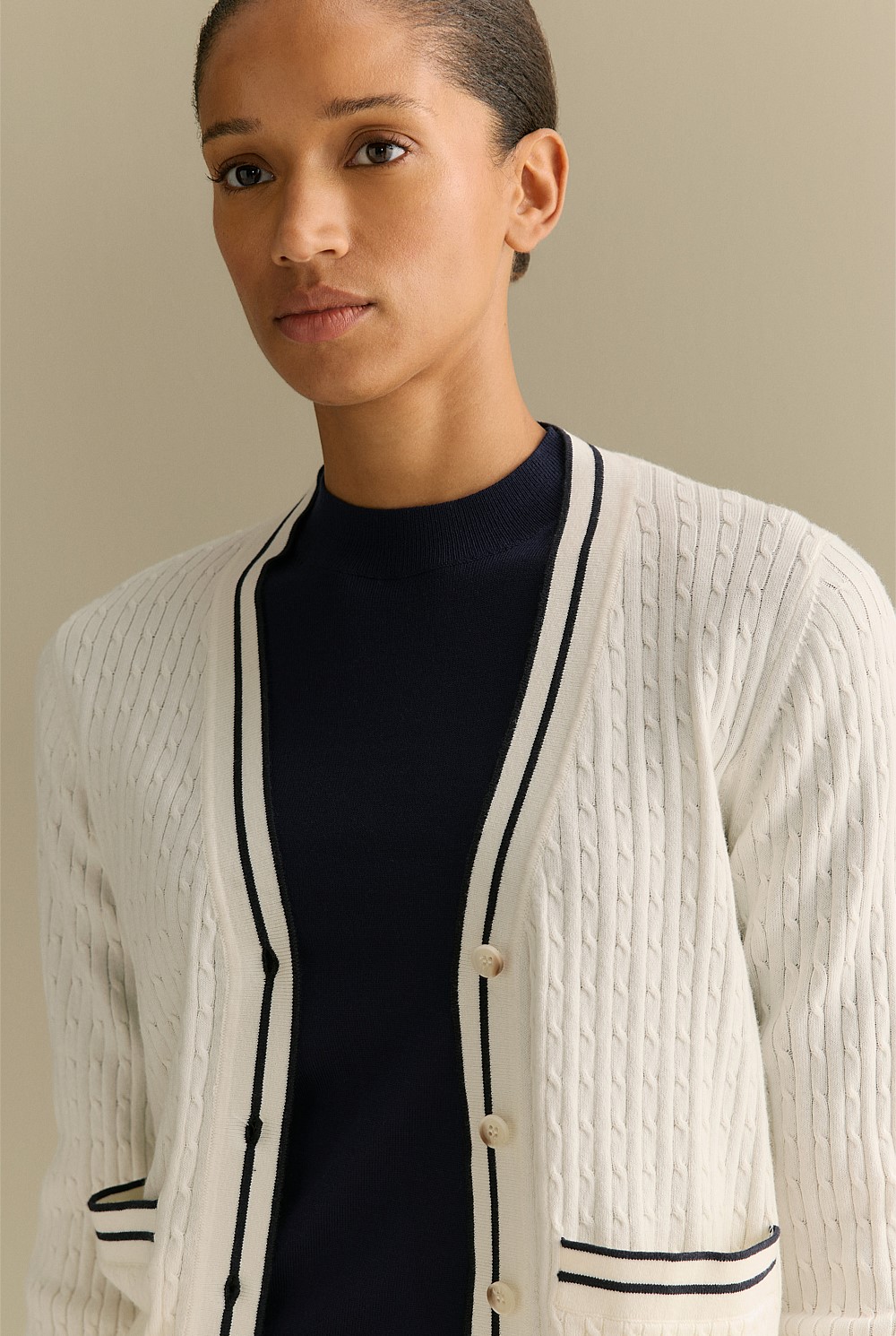 Cotton Cashmere Cable Tipped Cardigan