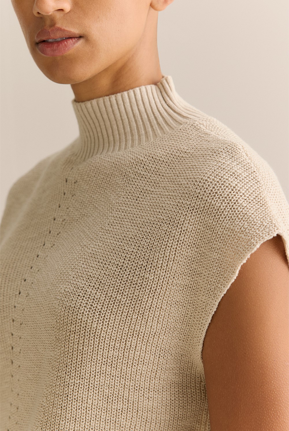 Linen Cotton Mock Neck Relaxed Knit Top