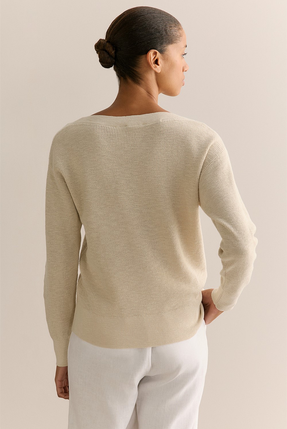 Cotton Linen Textured Boat Neck Pullover