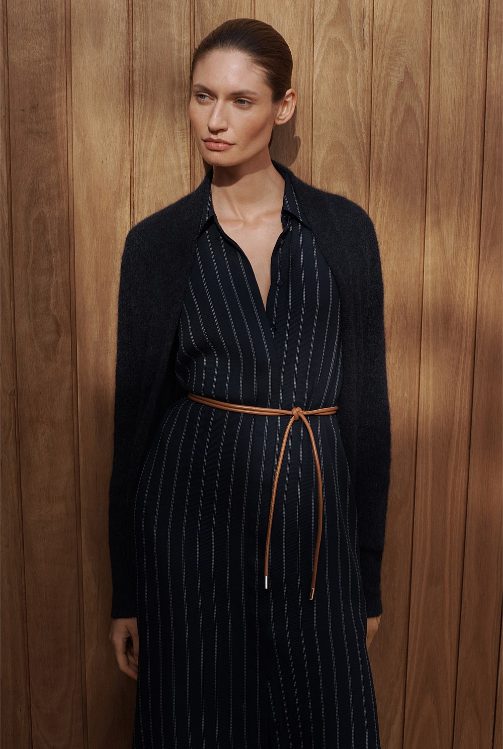 Twill Pinstripe Belted Dress