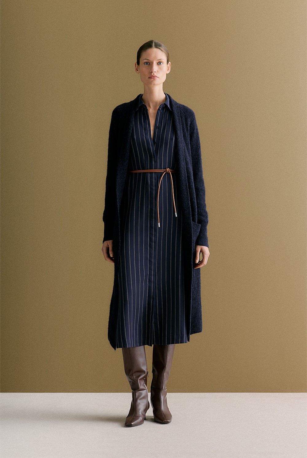 Twill Pinstripe Belted Dress