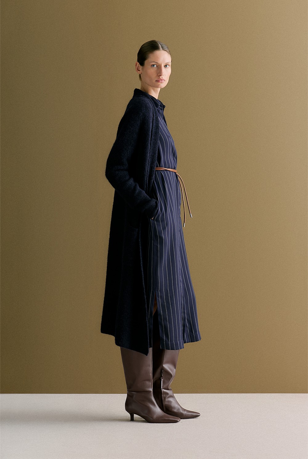 Twill Pinstripe Belted Dress