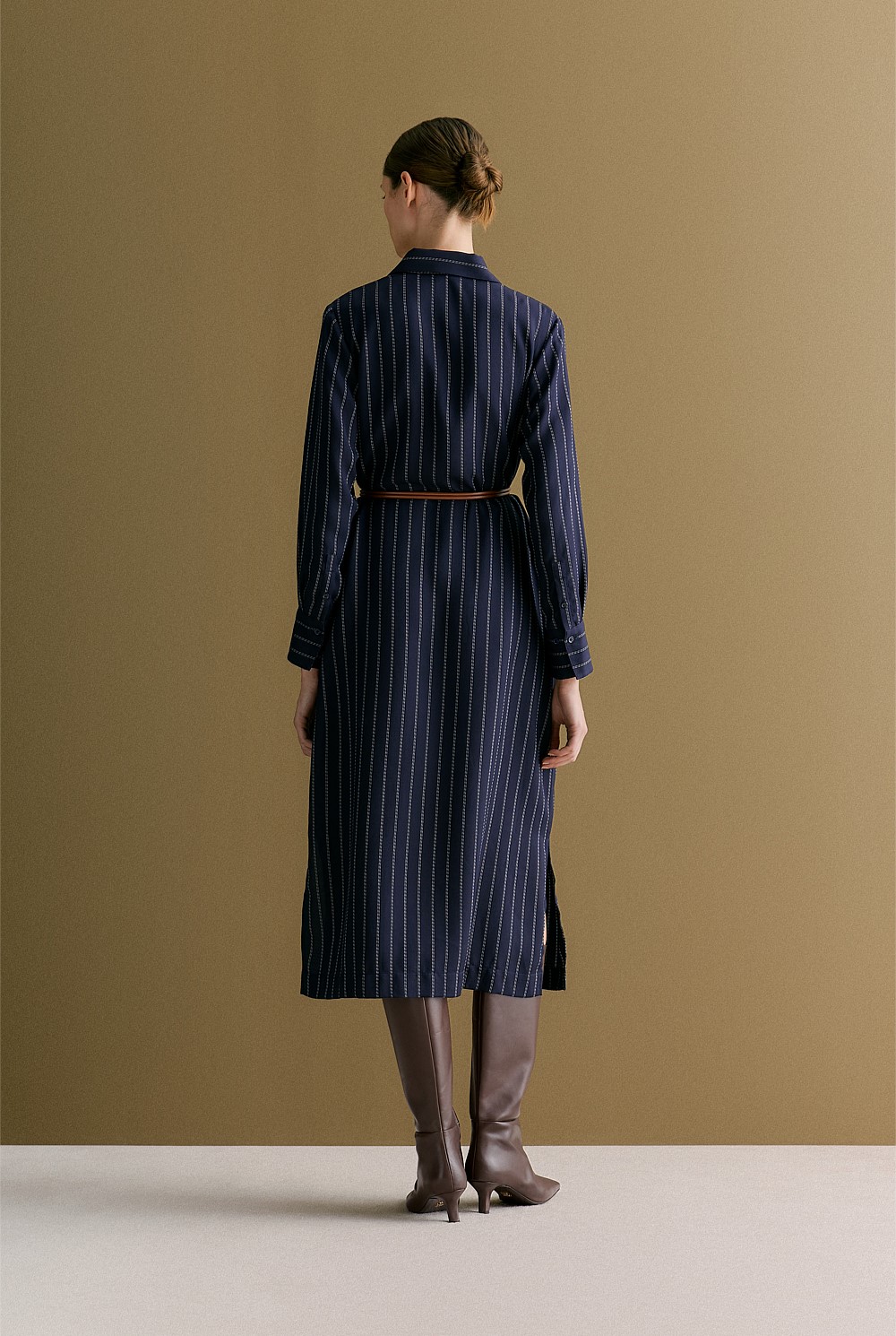 Twill Pinstripe Belted Dress