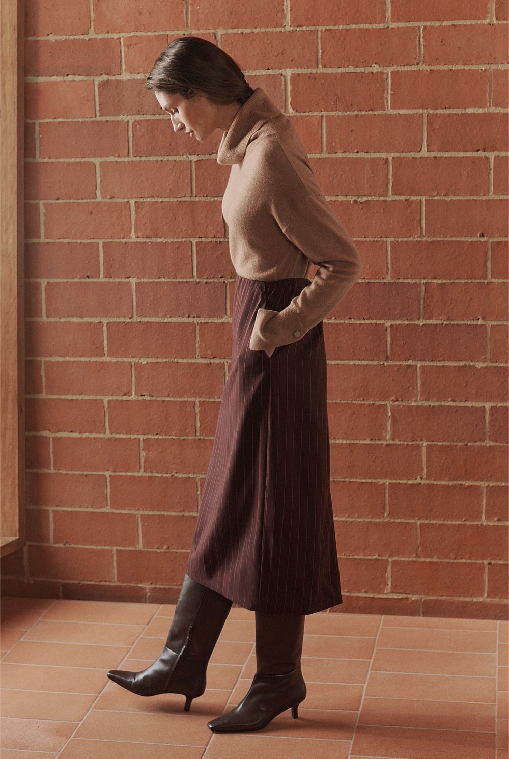 Stretch Wool Pinstripe Longline Pencil Skirt