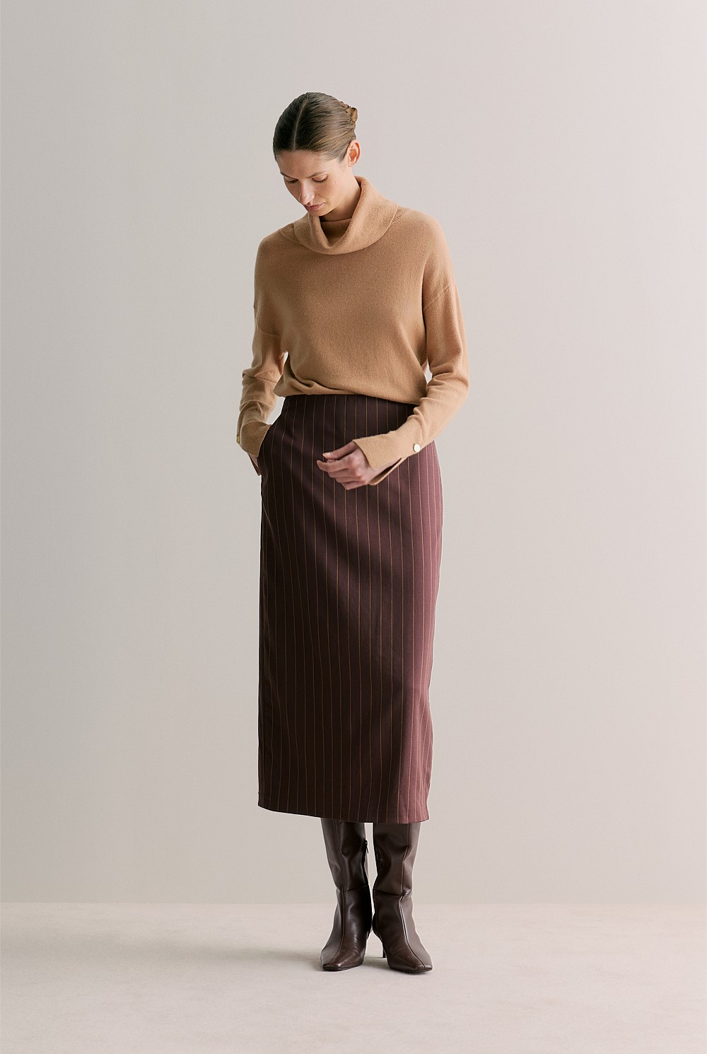 Stretch Wool Pinstripe Longline Pencil Skirt