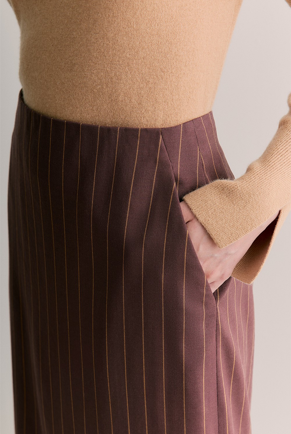 Stretch Wool Pinstripe Longline Pencil Skirt