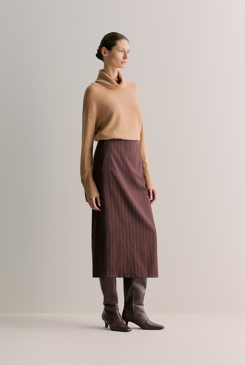 Stretch Wool Pinstripe Longline Pencil Skirt