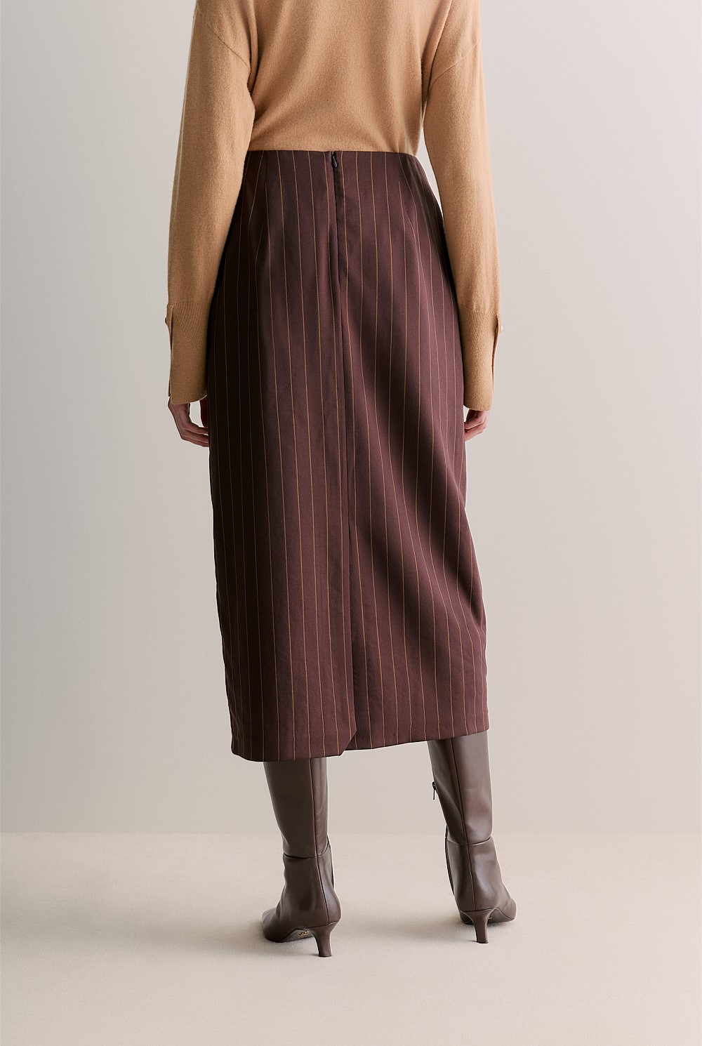 Stretch Wool Pinstripe Longline Pencil Skirt