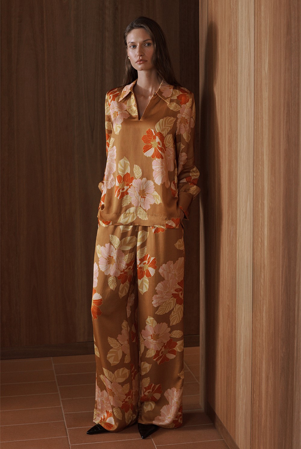 Satin Peony Print Relaxed Pant