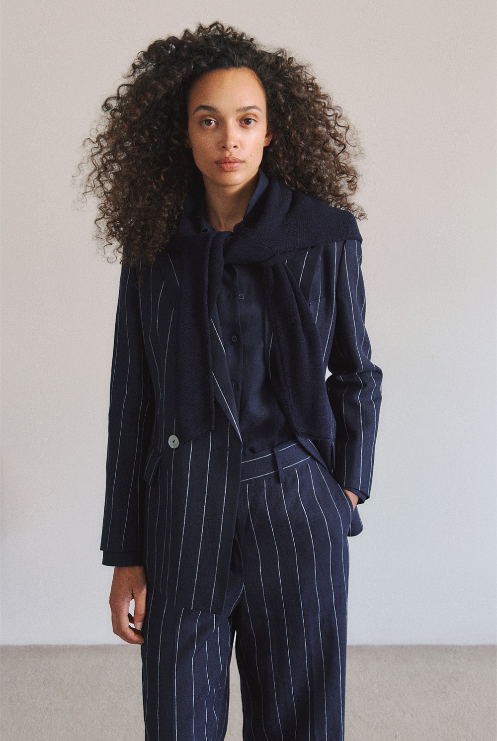 Linen Pinstripe Double Breasted Blazer
