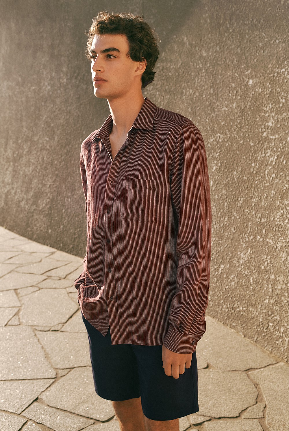 Regular Fit Fine Stripe Linen Long Sleeve Shirt