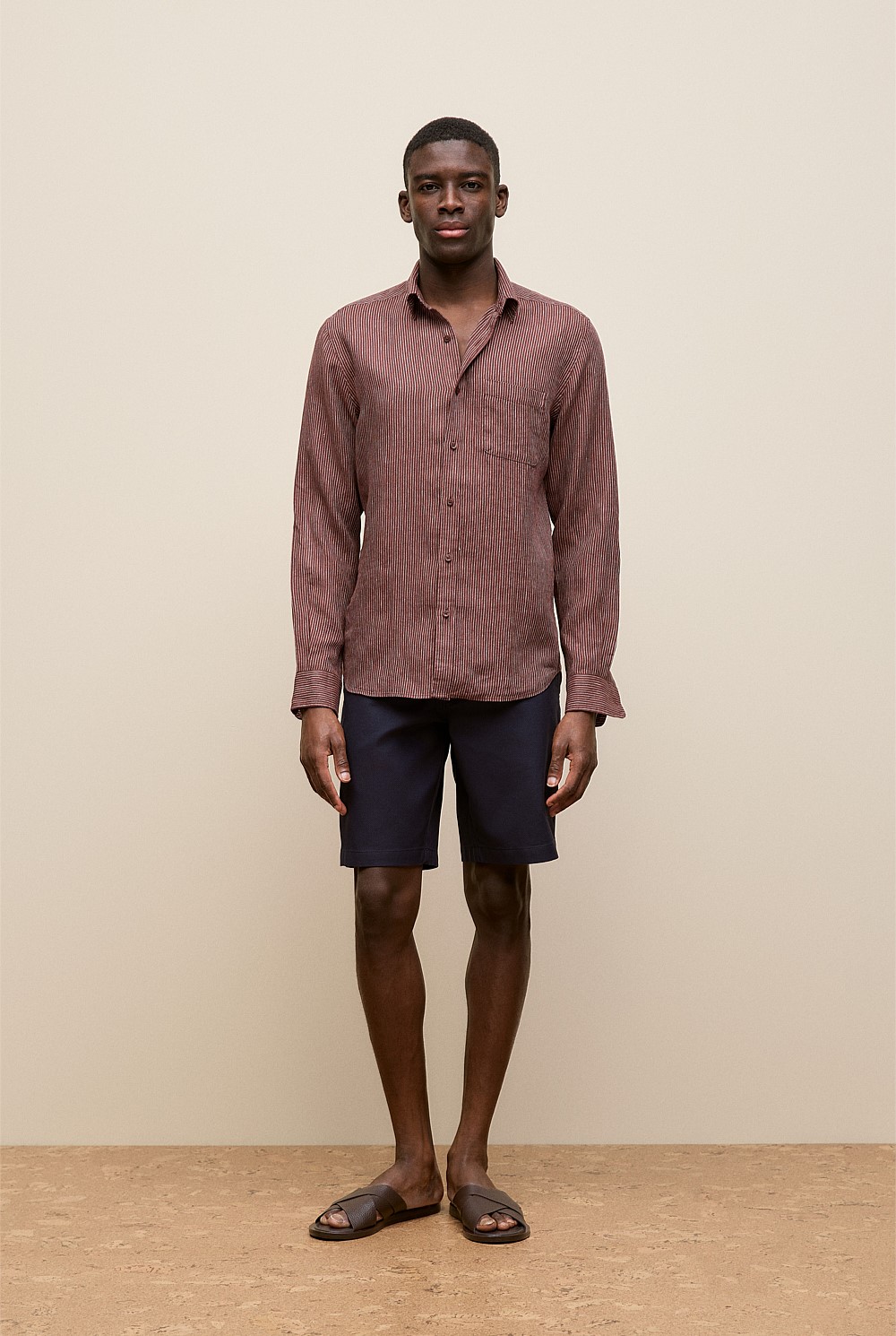 Regular Fit Fine Stripe Linen Long Sleeve Shirt