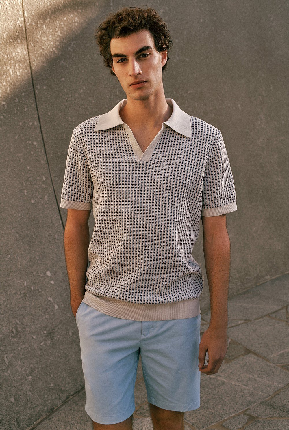 Texture Knit Collared Short Sleeve Polo