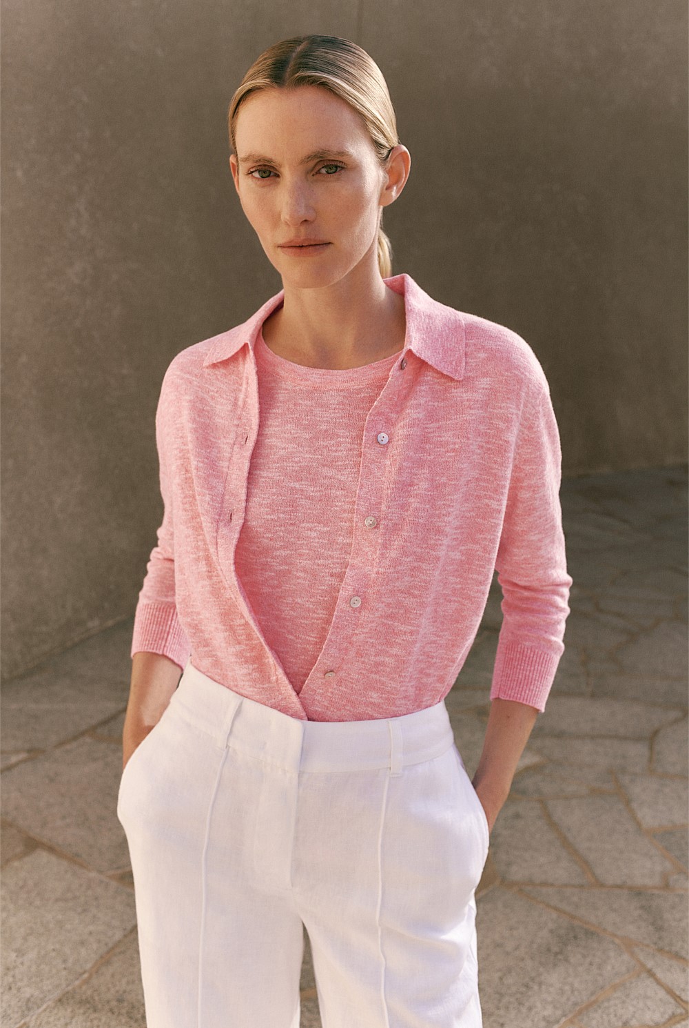 Linen Cotton Mouline Collared Cardigan