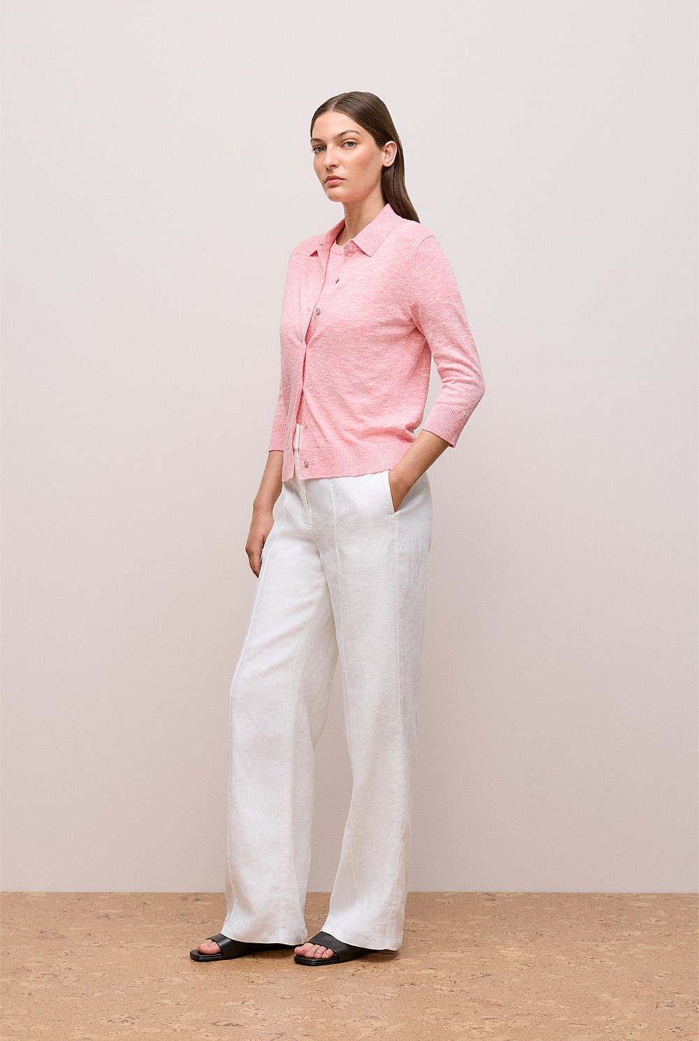 Linen Cotton Mouline Collared Cardigan