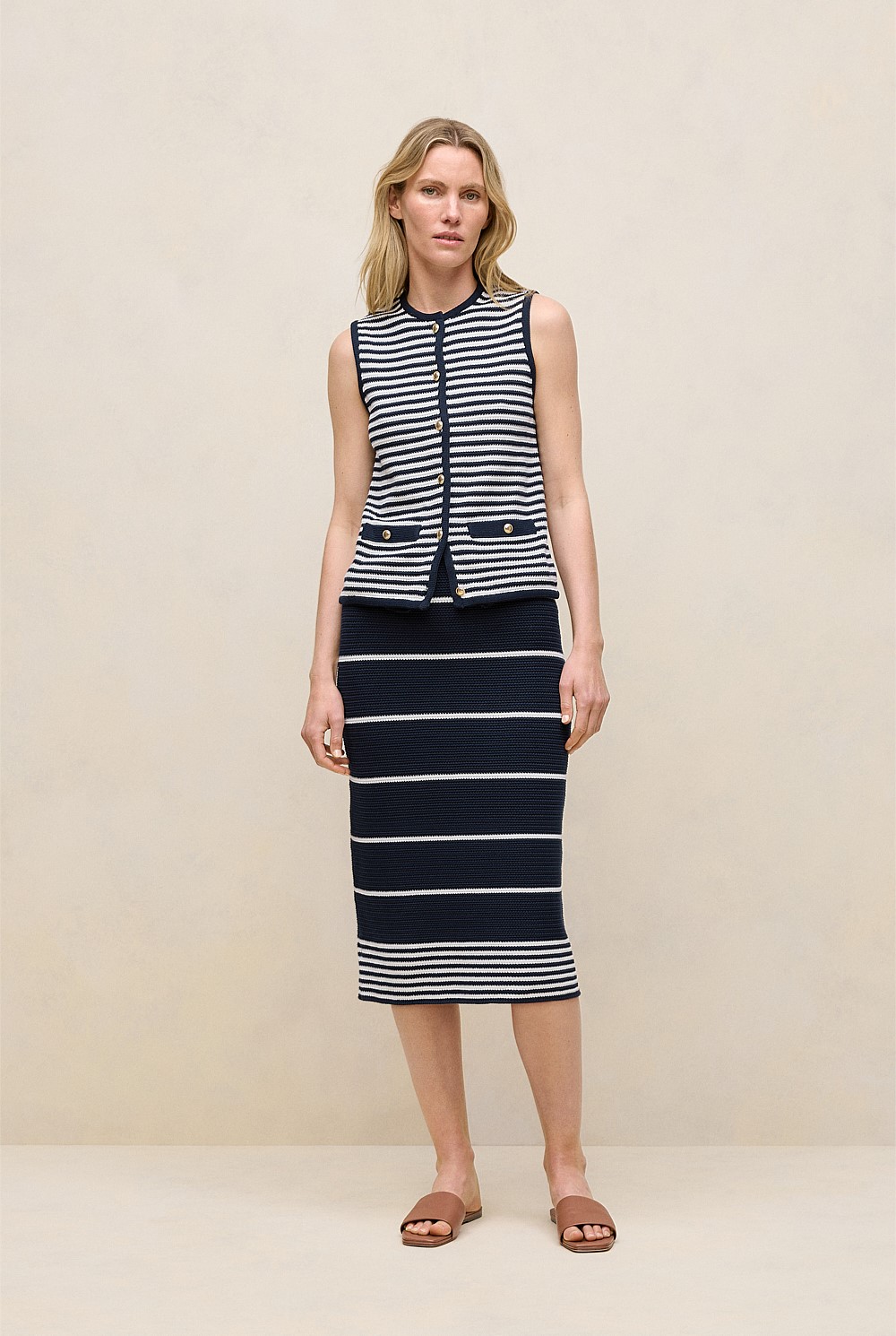 Mercerised Cotton Stripe Button Through Vest