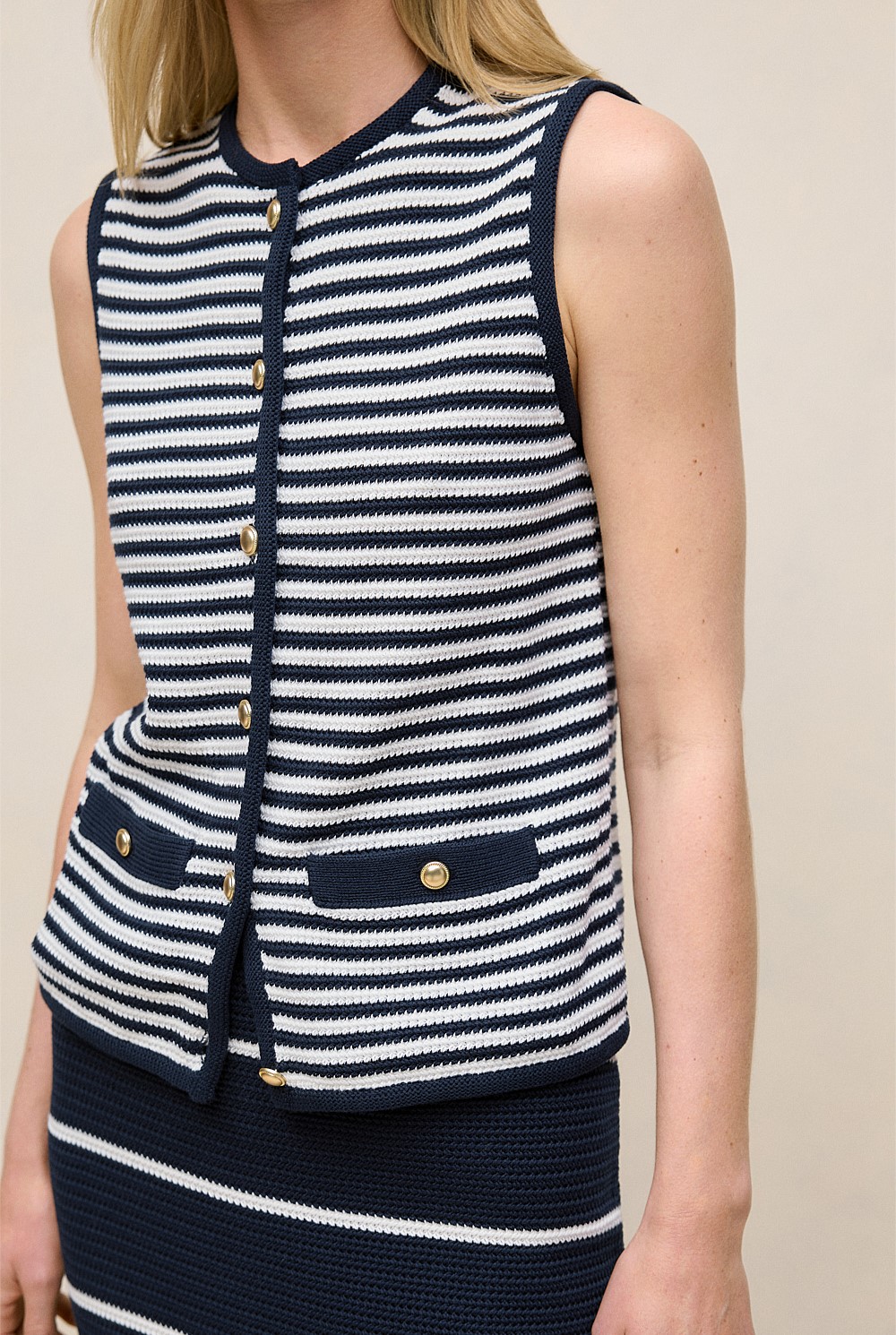Mercerised Cotton Stripe Button Through Vest