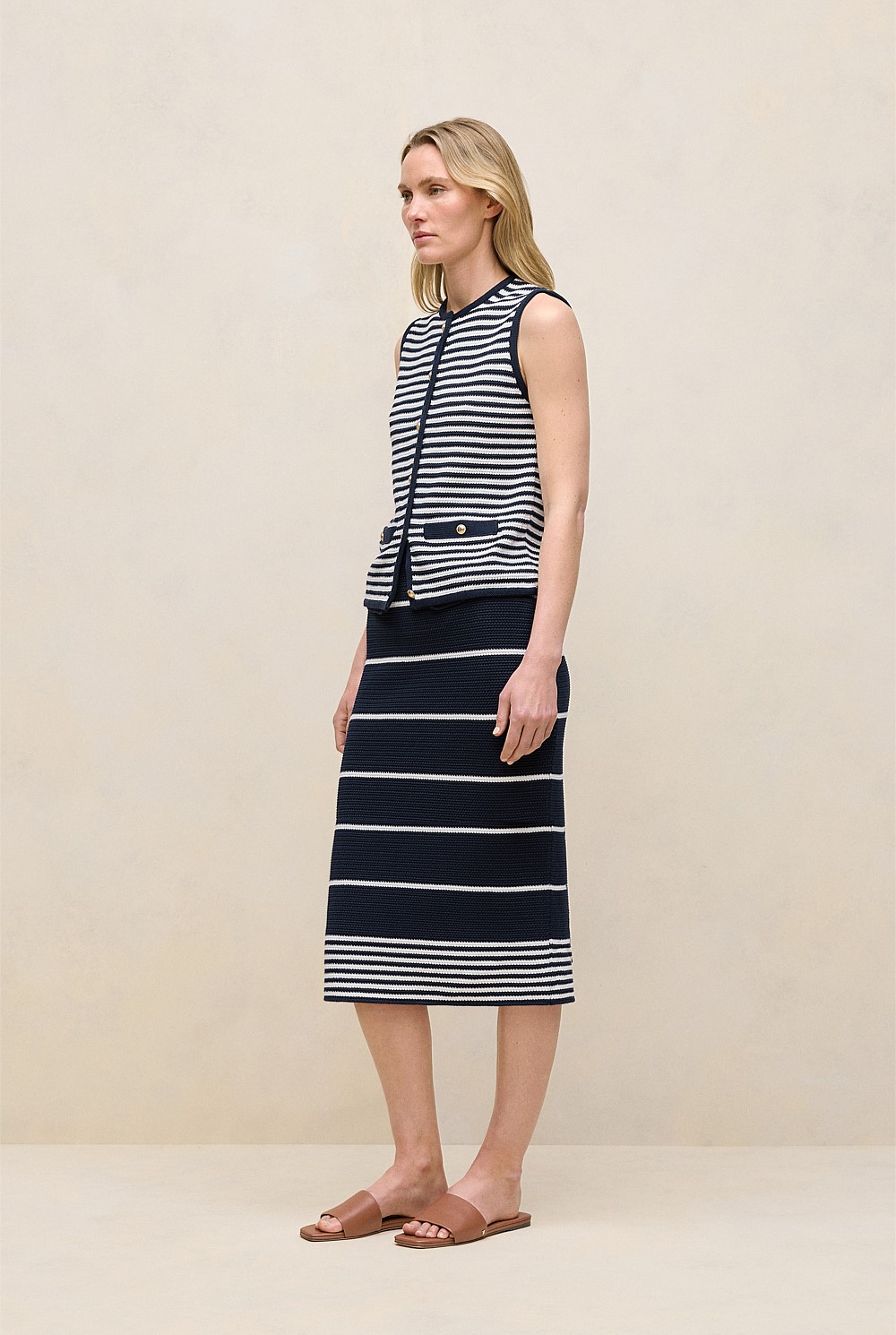 Mercerised Cotton Stripe Button Through Vest