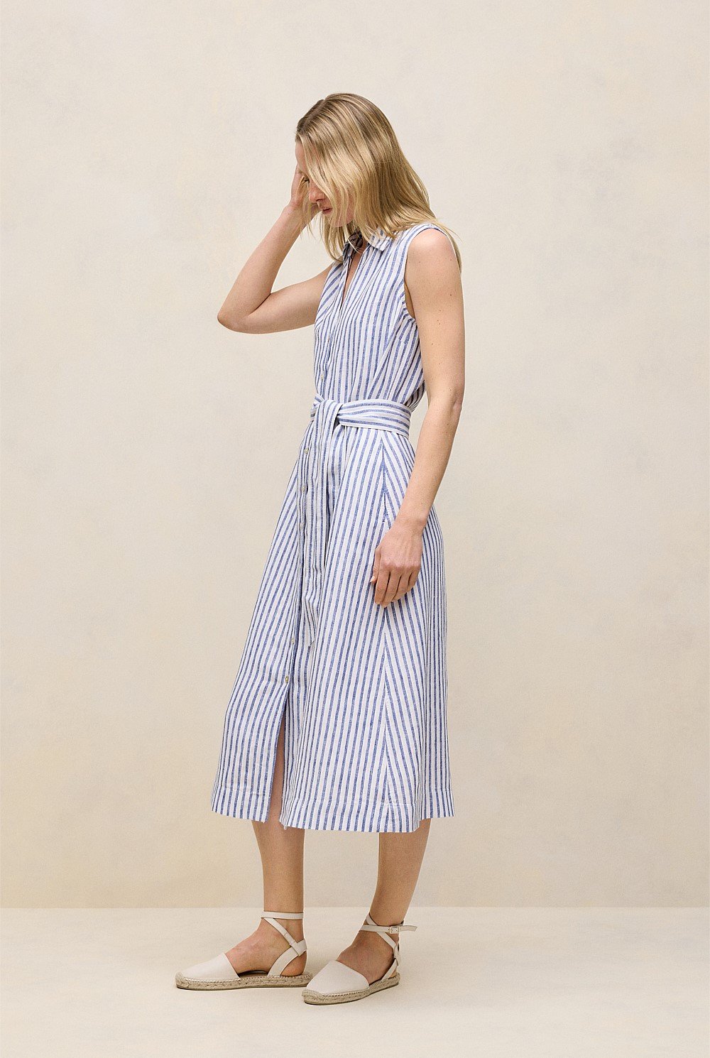 Yarn Dyed Linen Stripe Sleeveless Shirt Dress