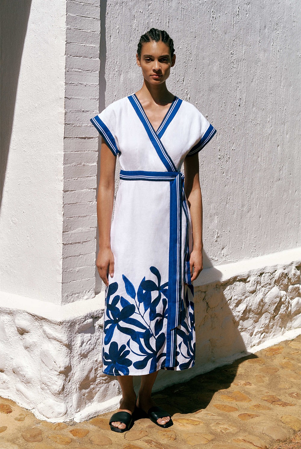 Marea Border Stripe Linen Wrap Dress