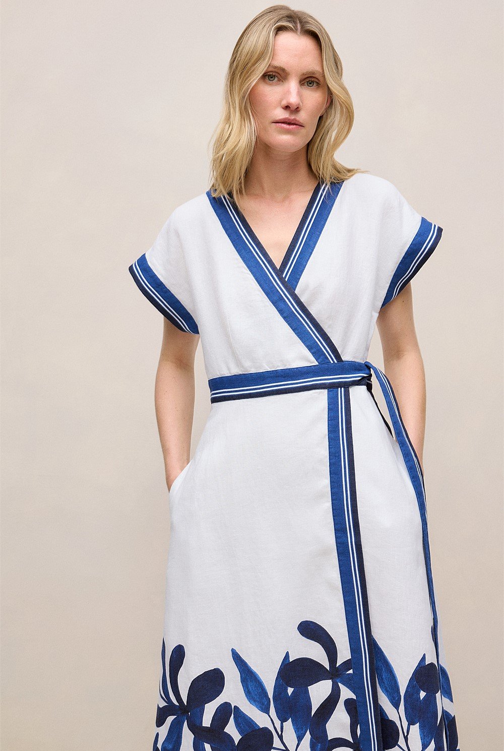 Marea Border Stripe Linen Wrap Dress