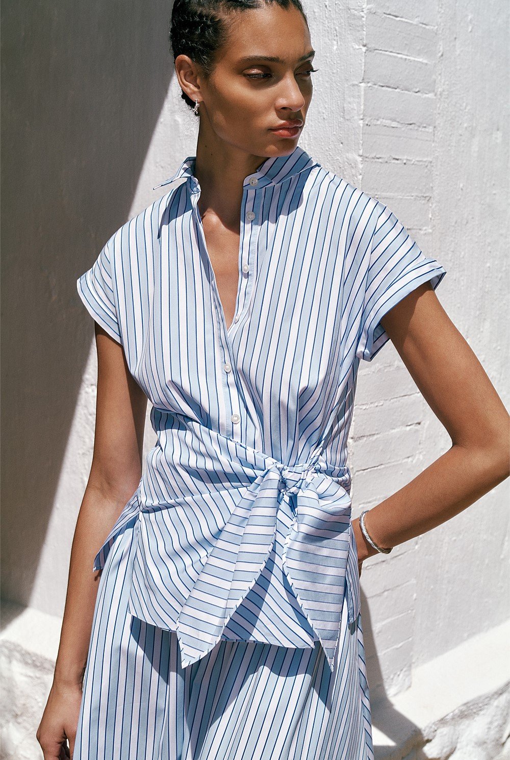 Jacquard Stripe Poplin Tie Front Shirt