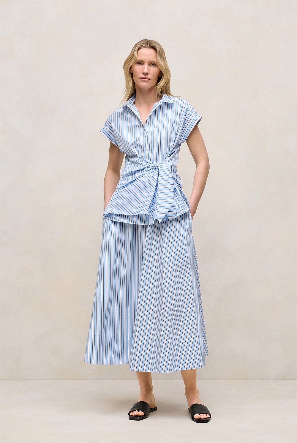 Jacquard Stripe Poplin Tie Front Shirt