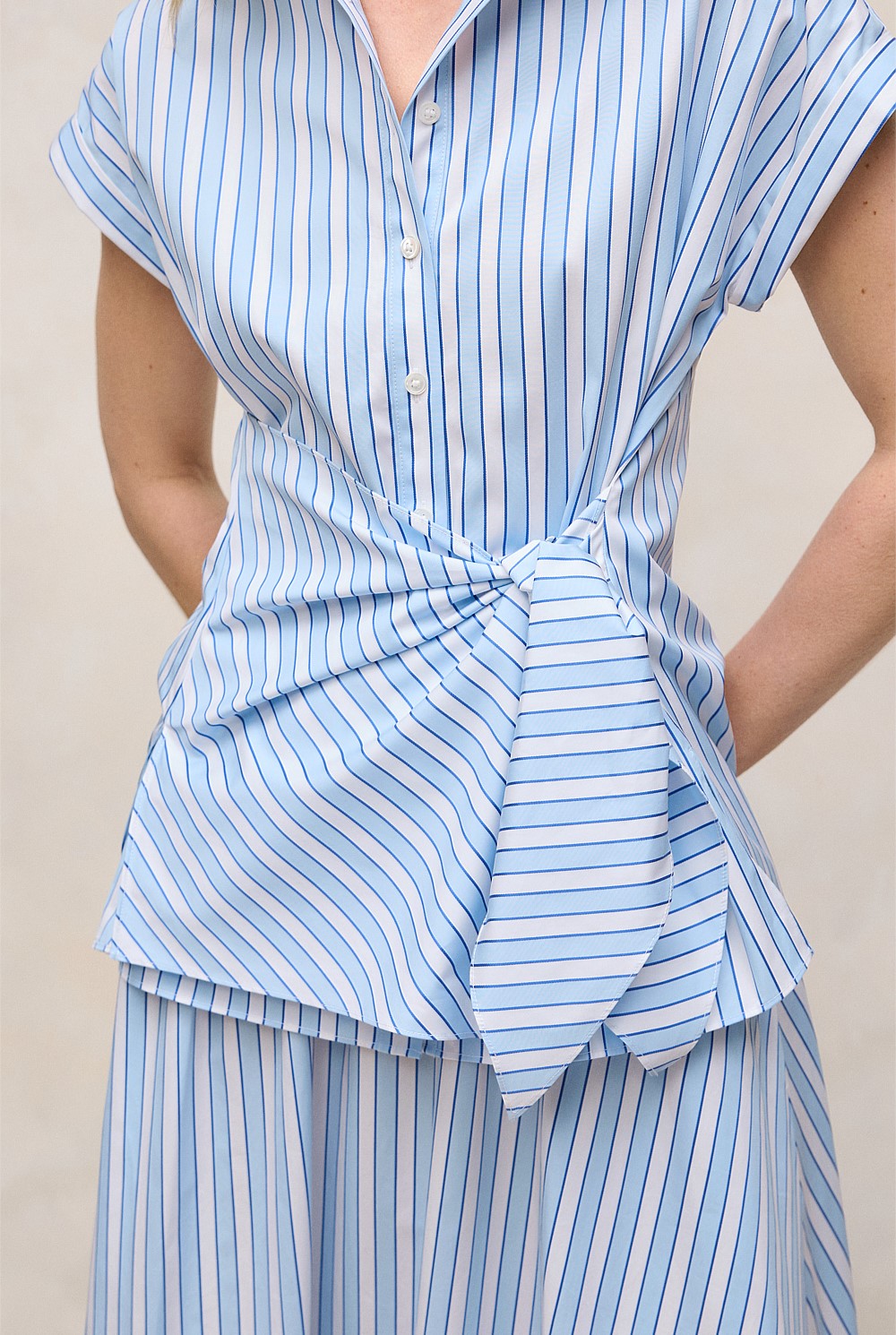 Jacquard Stripe Poplin Tie Front Shirt