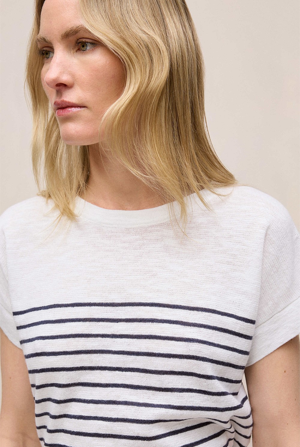 Linen Cotton Stripe Relaxed Crew T-shirt