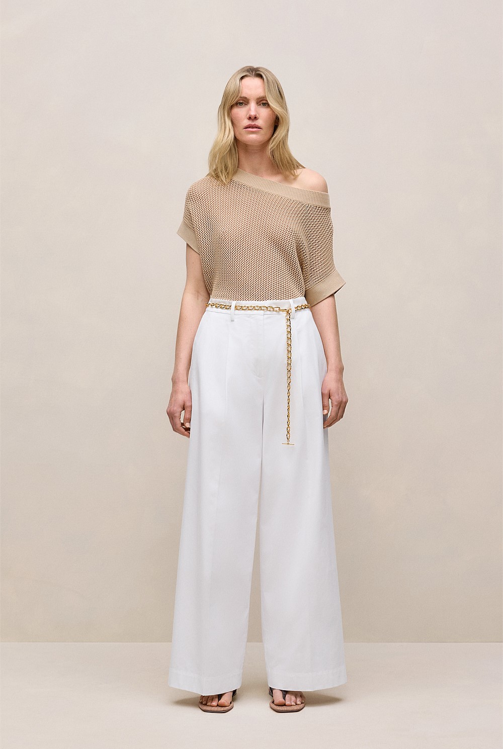 Cotton Blend Tailored Wide Leg Pant
