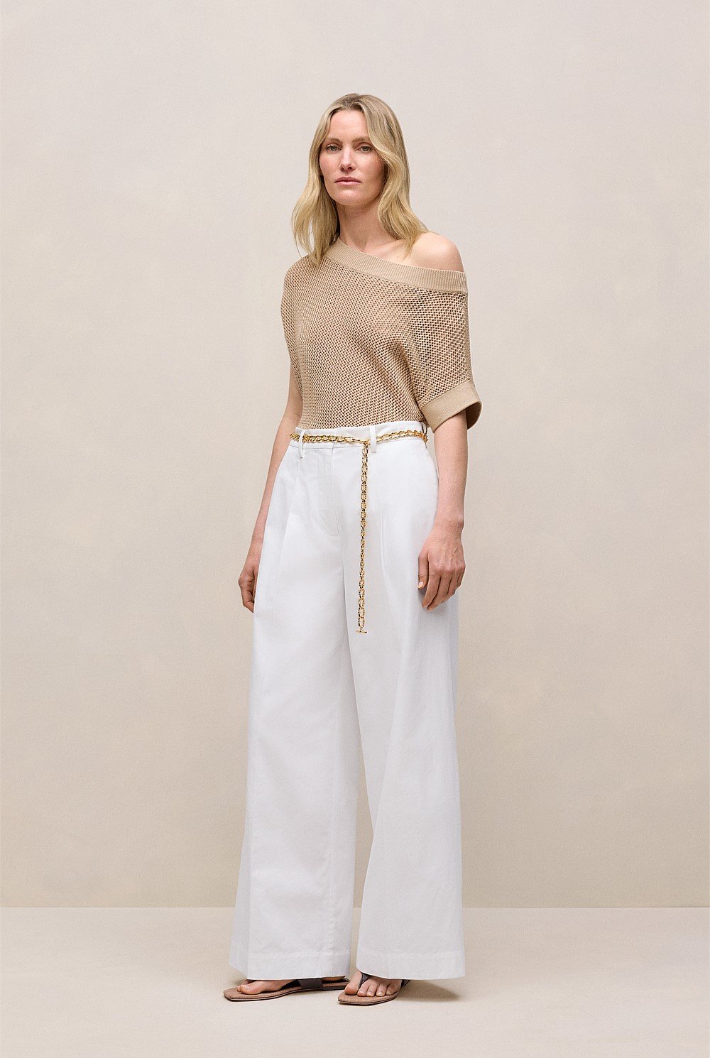 Cotton Blend Tailored Wide Leg Pant