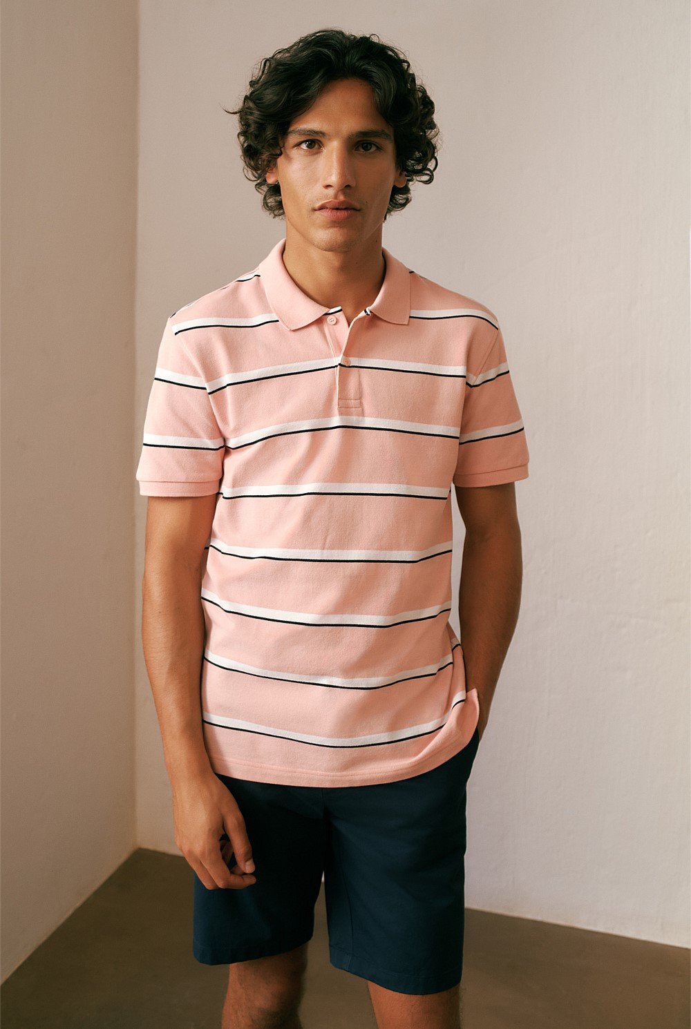 Cotton Pique Double Stripe Polo