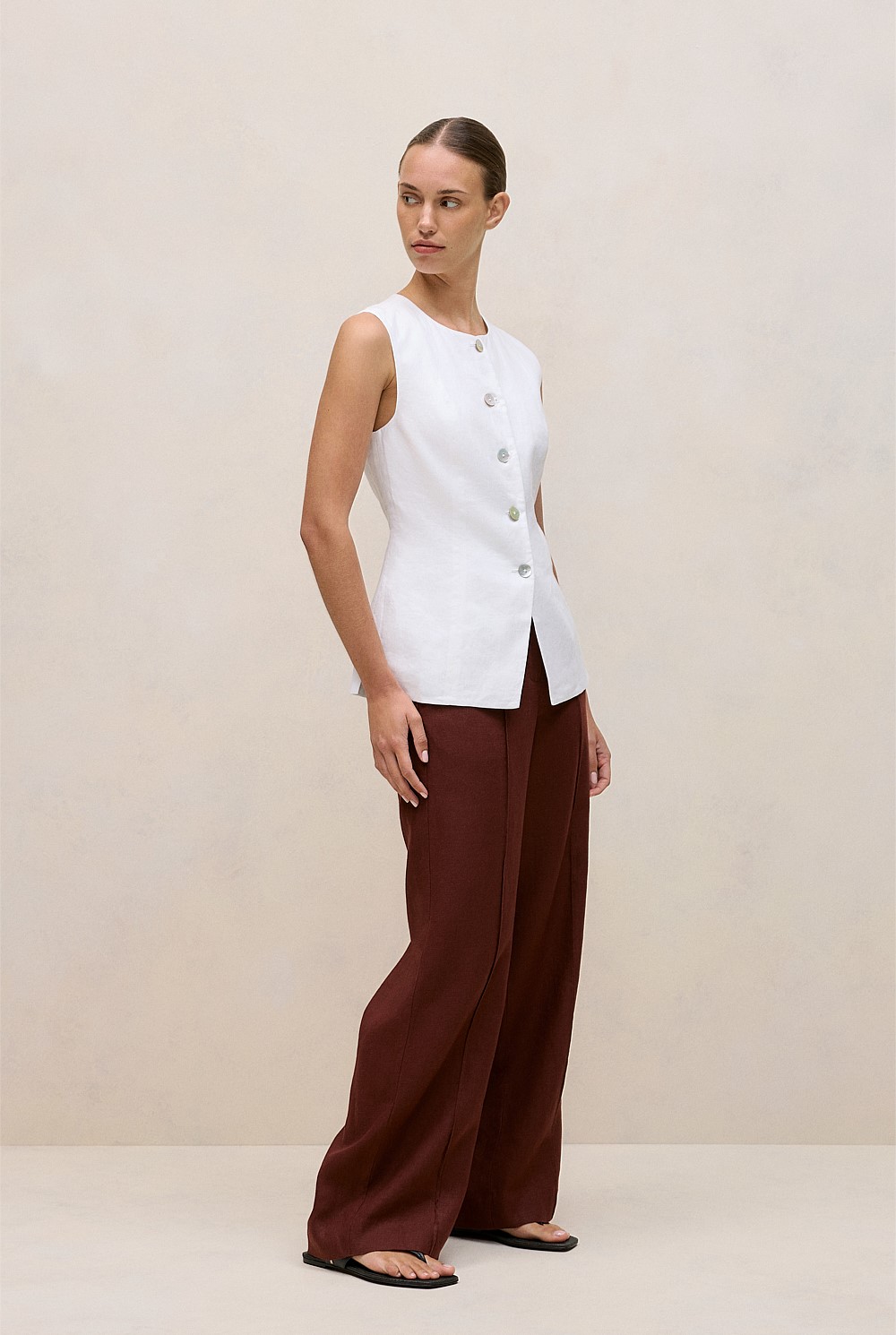 Linen Collarless Button Through Vest