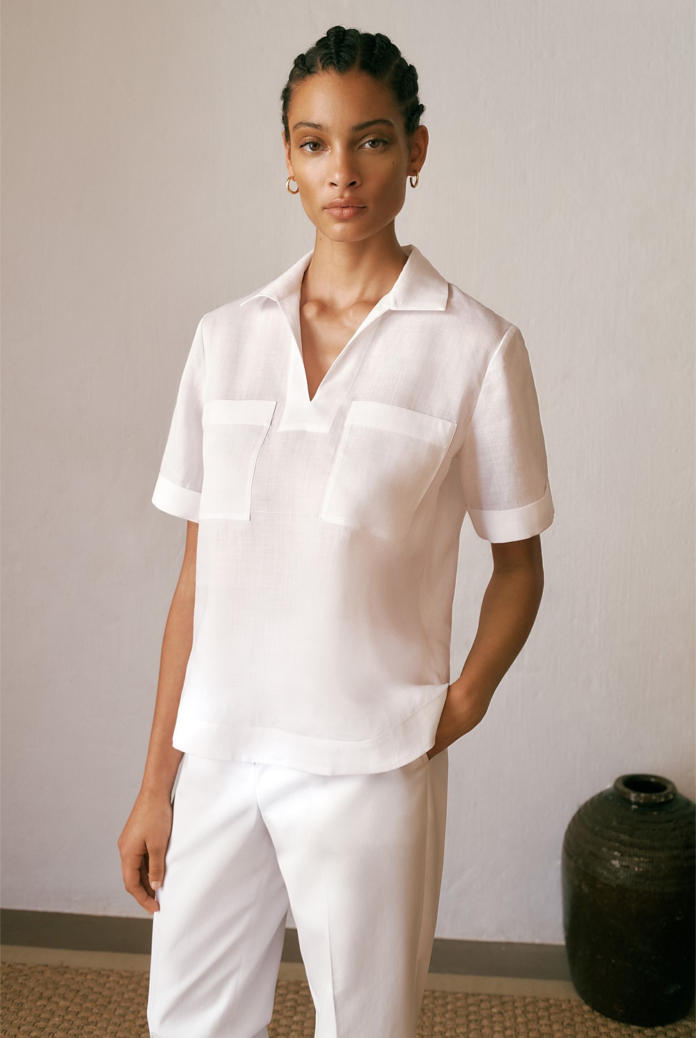 Ramie Collared Popover Shirt