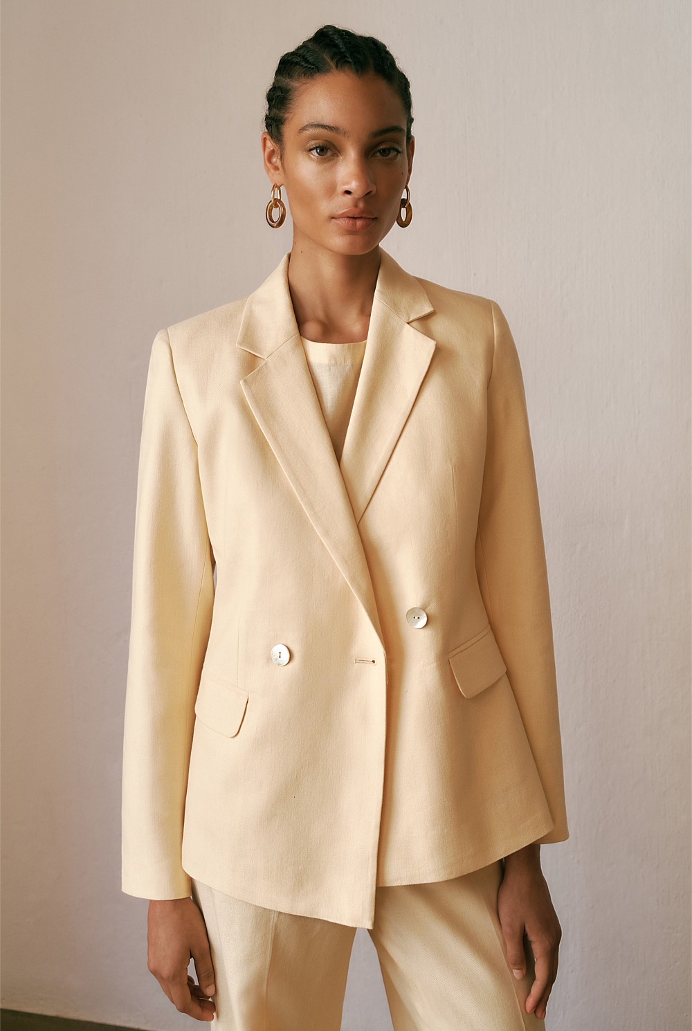 Linen Cotton Herringbone Double Breasted Blazer