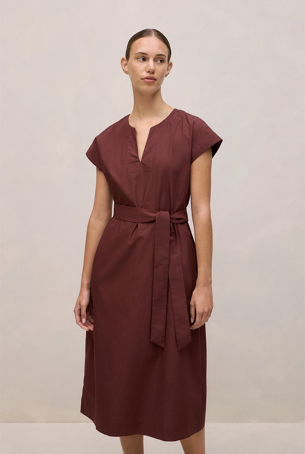 Cotton Poplin Cap Sleeve Belted Dress