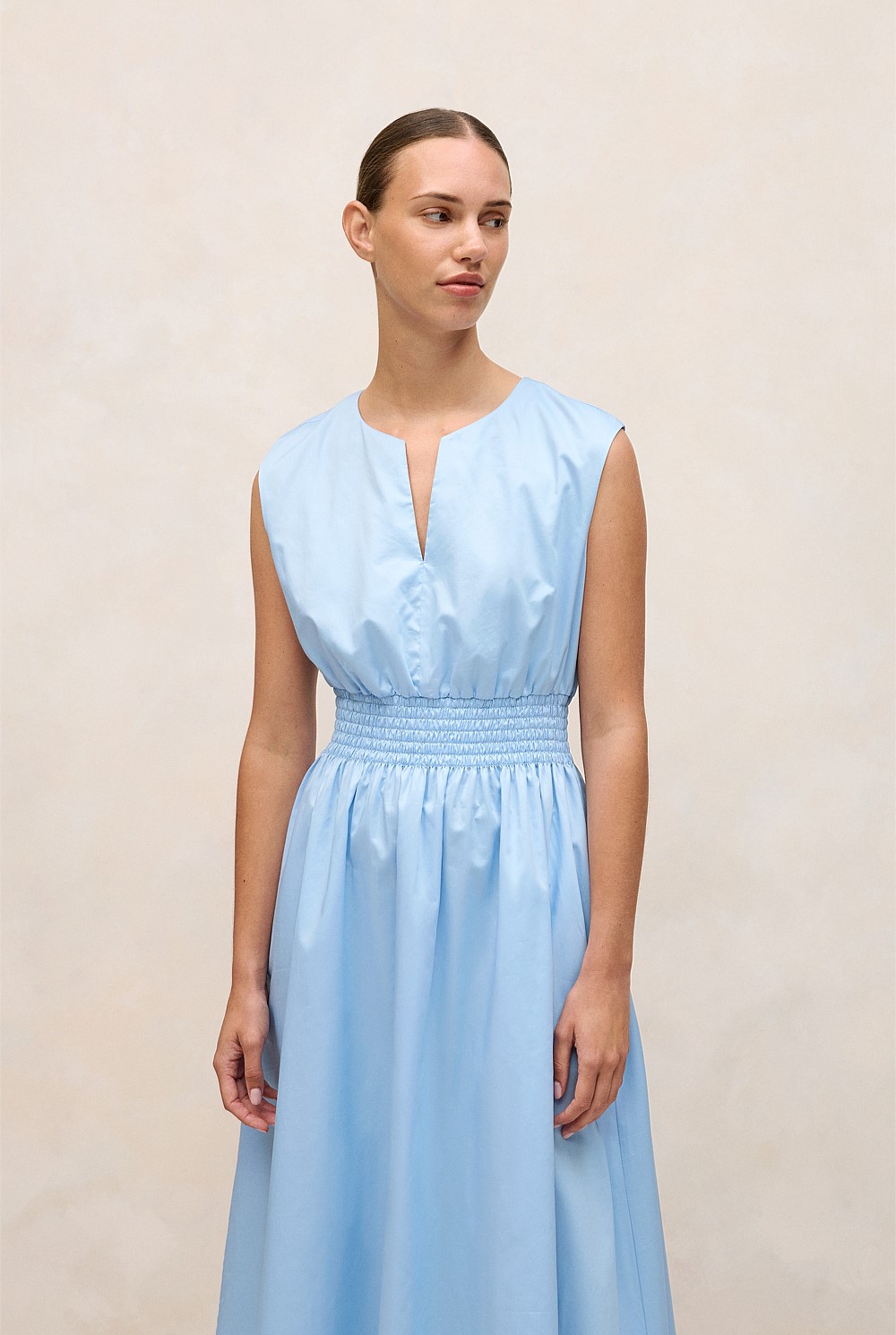 Cotton Sateen Shirred Waist Dress