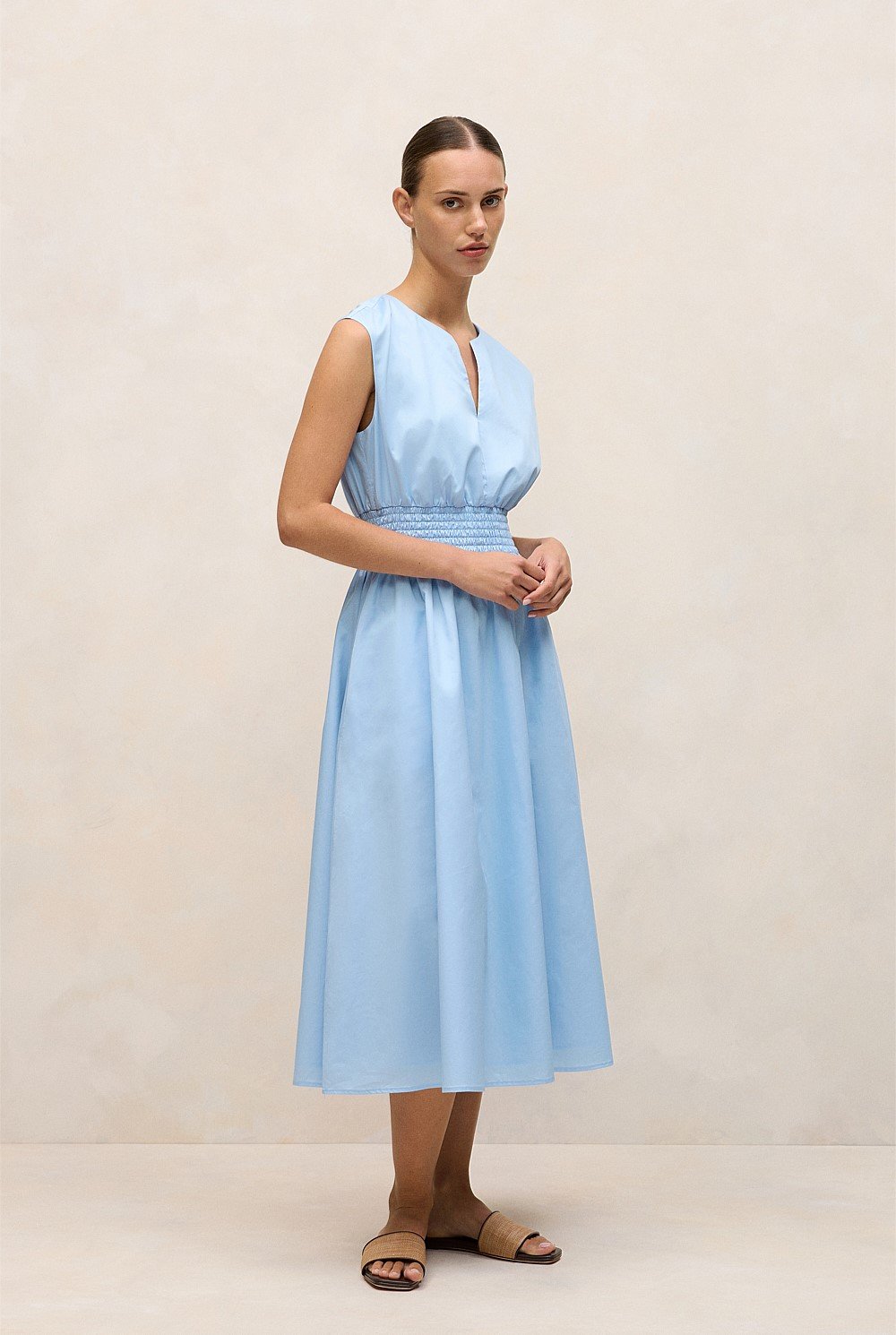 Cotton Sateen Shirred Waist Dress