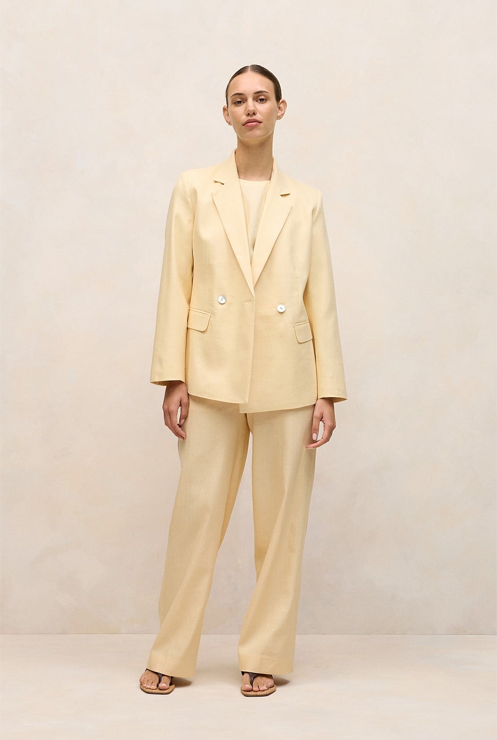 Linen Cotton Herringbone Tailored Wide Leg Pant