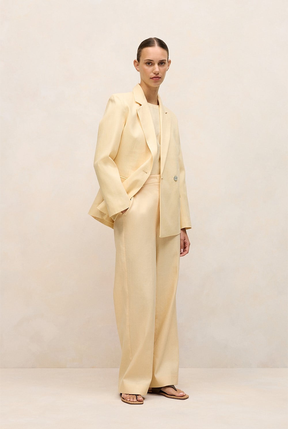 Linen Cotton Herringbone Tailored Wide Leg Pant