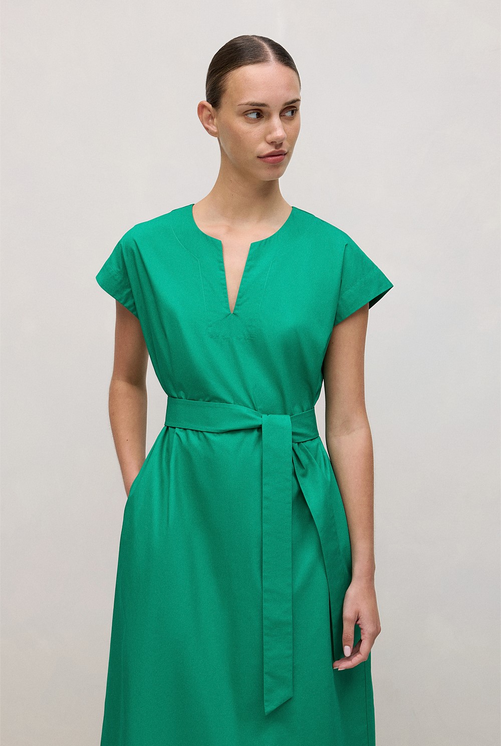 Cotton Poplin Cap Sleeve Belted Dress