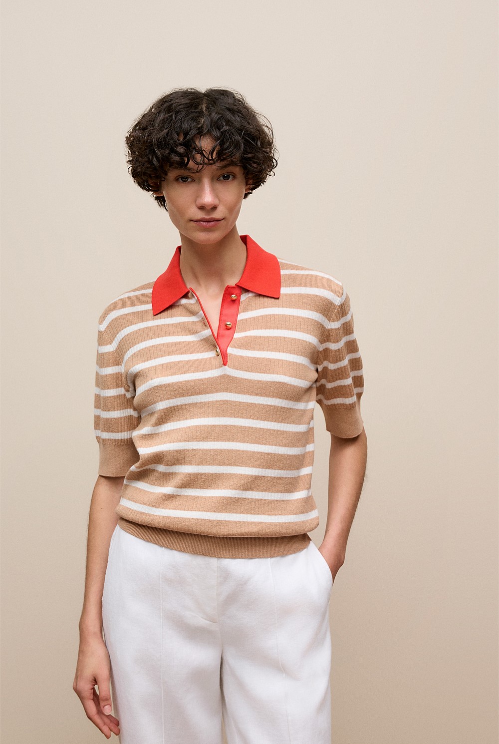 Cotton Cashmere Stripe Rib Knit Polo