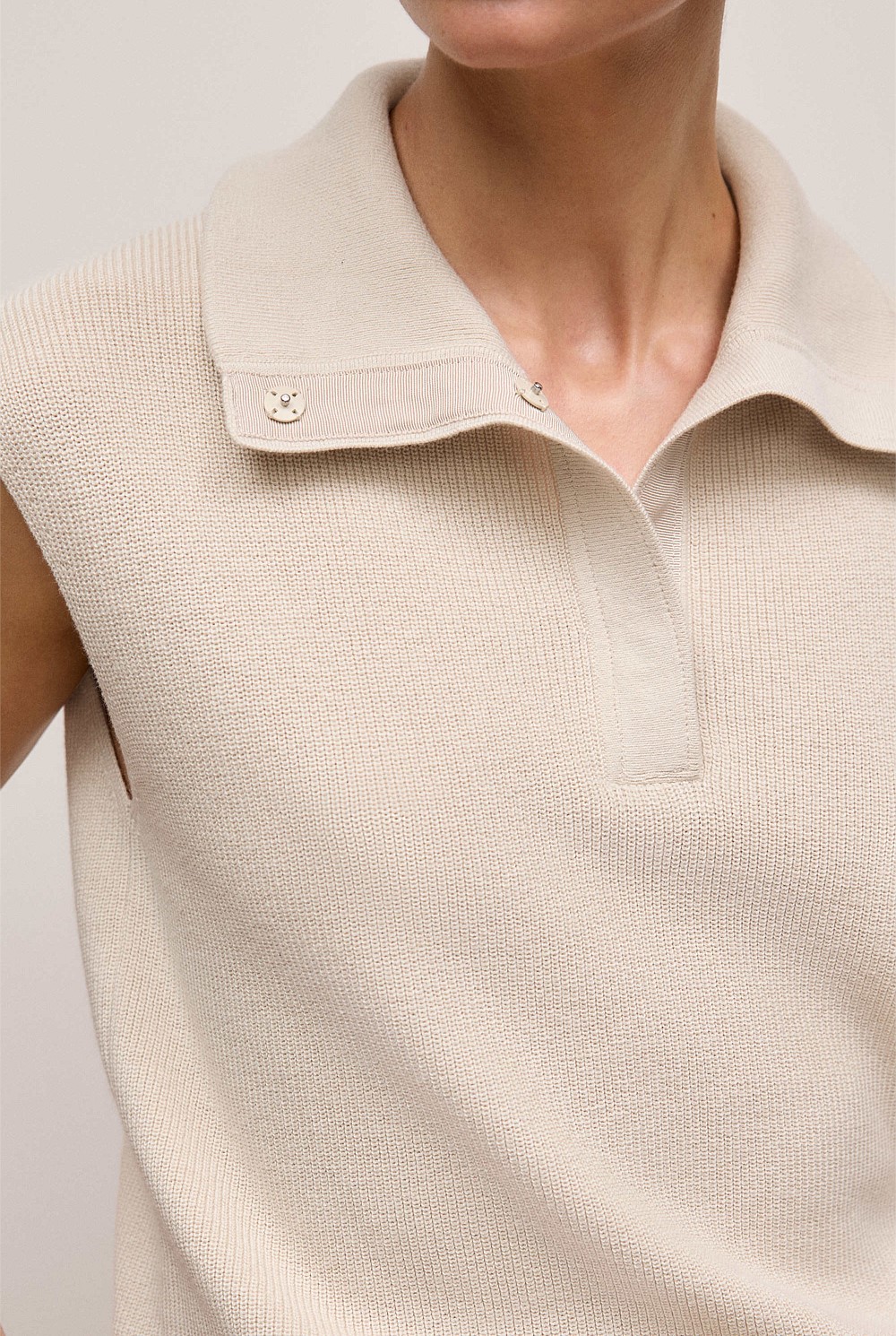 Cotton Cashmere Sleeveless Button Neck Knit