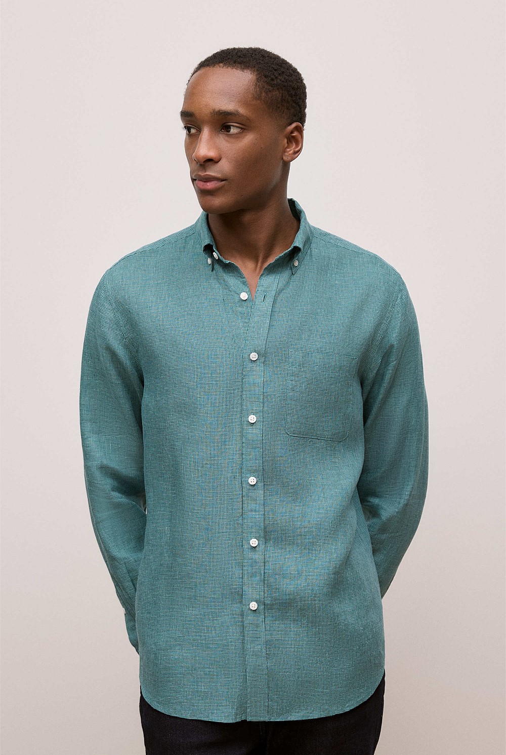 Regular Fit Linen Micro Check Long Sleeve Shirt