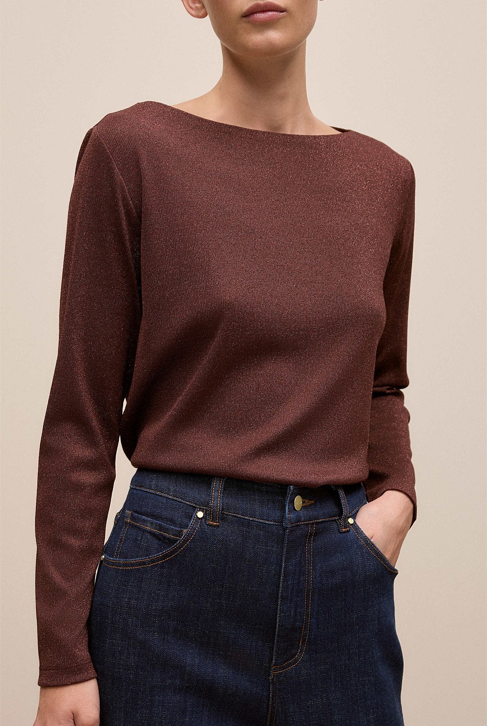Metallic Boat Neck Long Sleeve T-Shirt