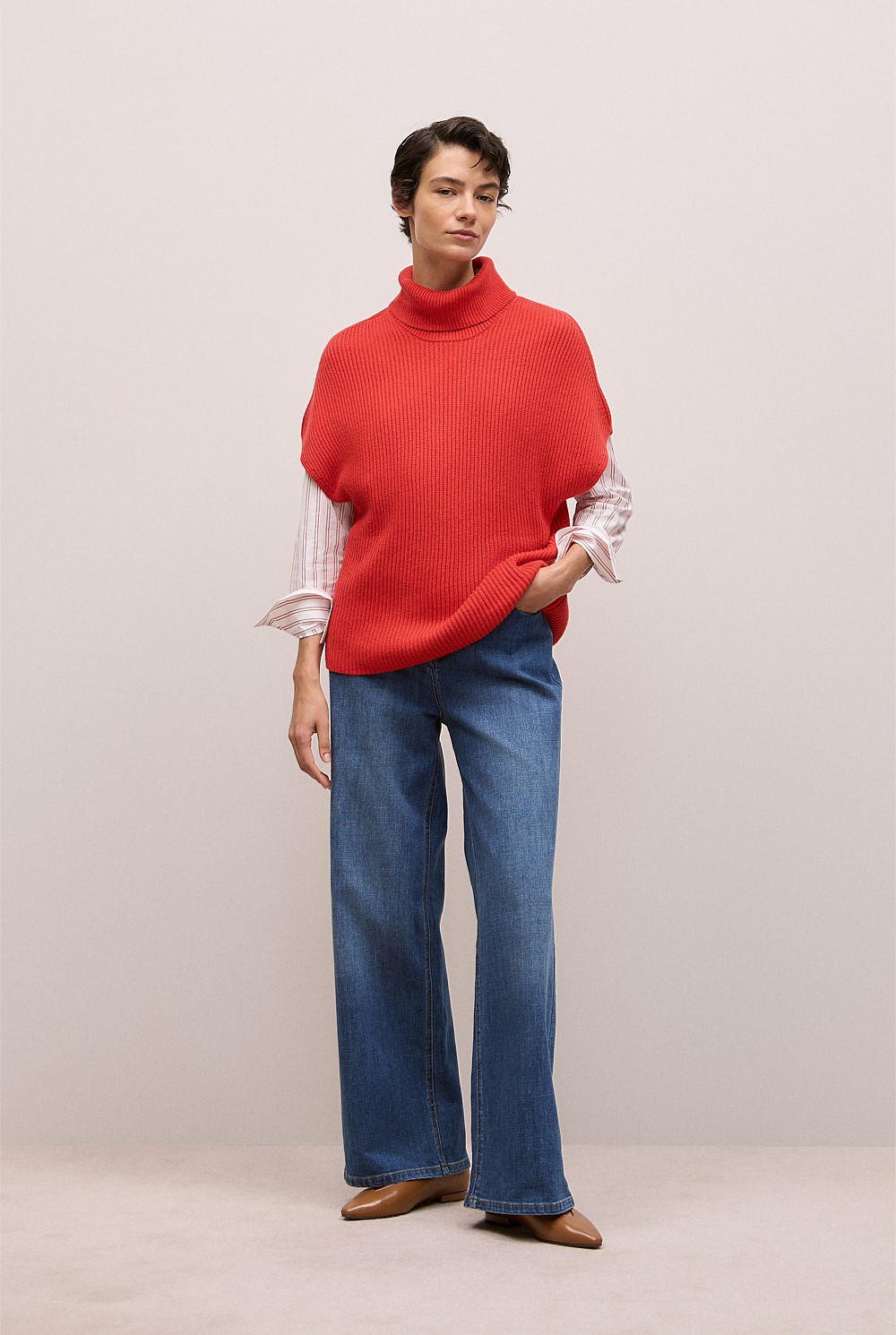 Cotton Cashmere Sleeveless High Neck Knit