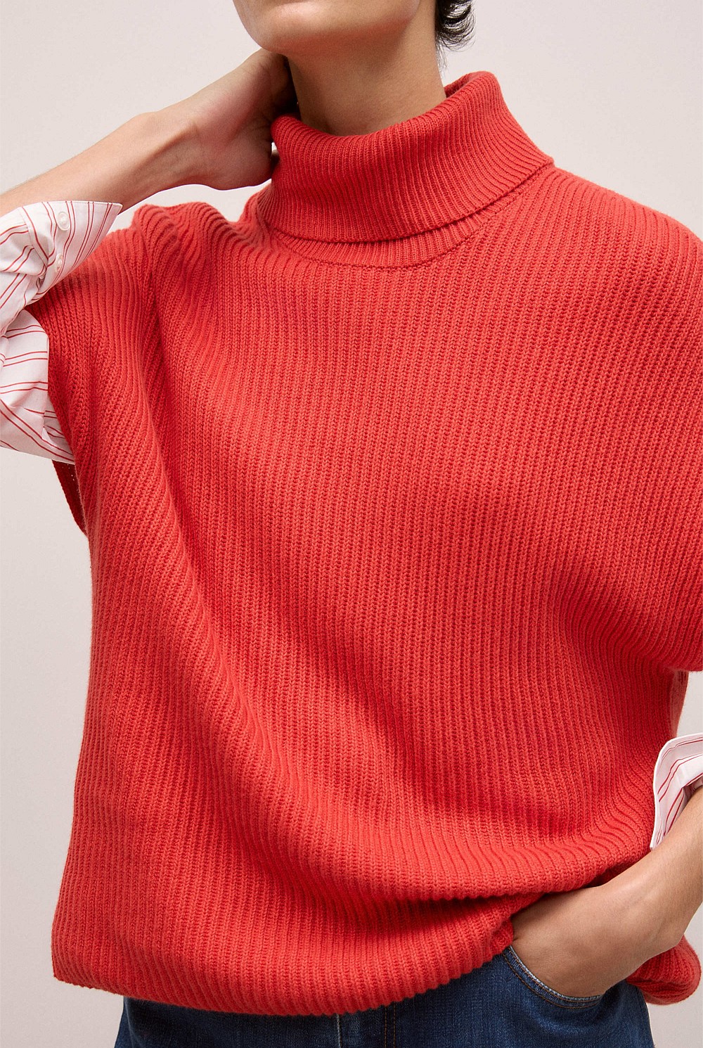 Cotton Cashmere Sleeveless High Neck Knit