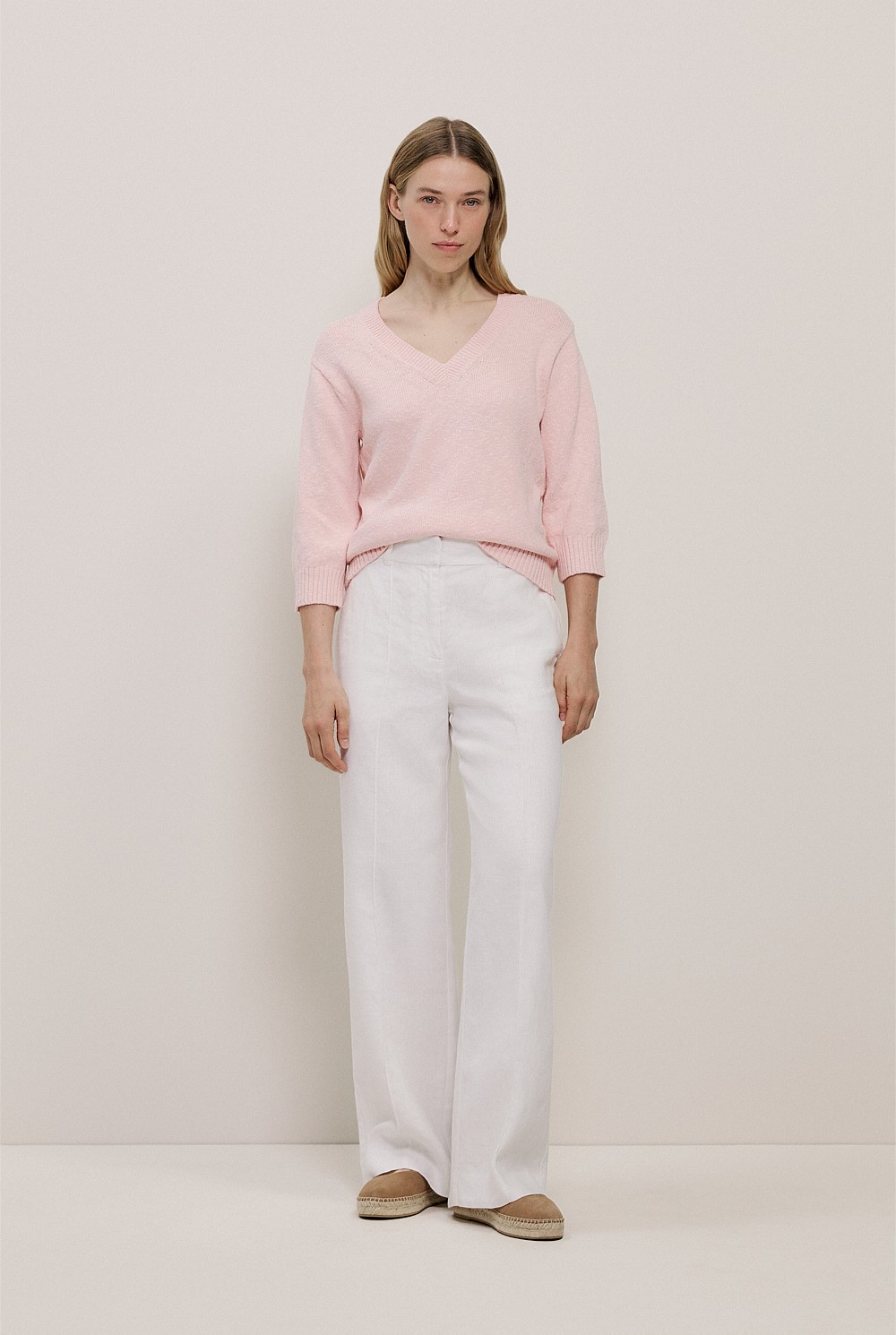 Cotton Linen Textured V Neck Knit